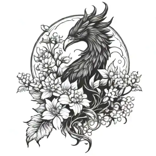 A Mystical Phoenix Rising From A Field Of Vibrant Hydrangea Flowers Under A Full Moon