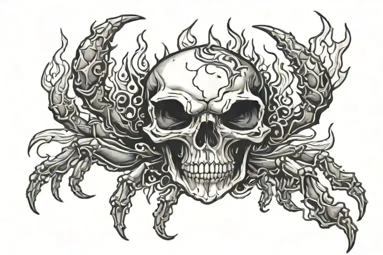 Skull With Bomb Crab And Flames On One Side
