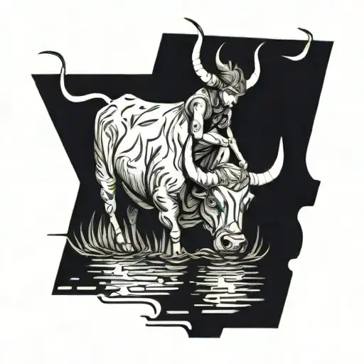 A Bull With A Woman On His Back Floating Down The River