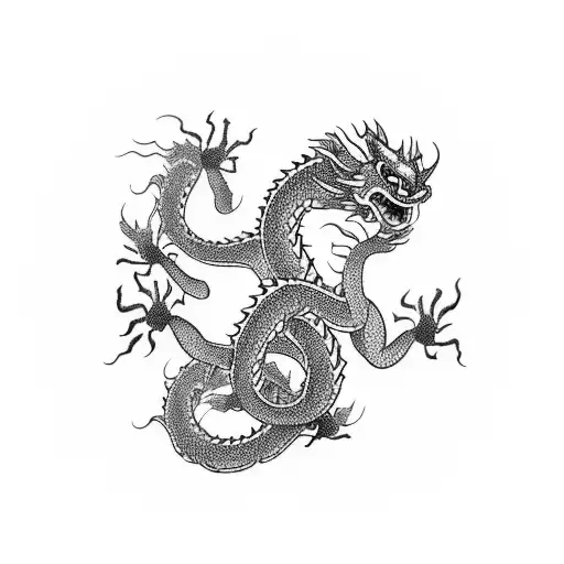 Long Flat Chinese Dragon With Red Parts Flying Above Mountains