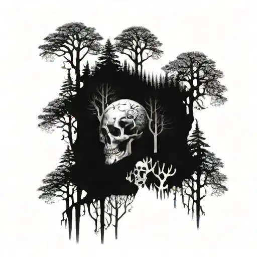 A Mysterious Forest Scene With Towering Trees And Hidden Skulls Scattered Throughout