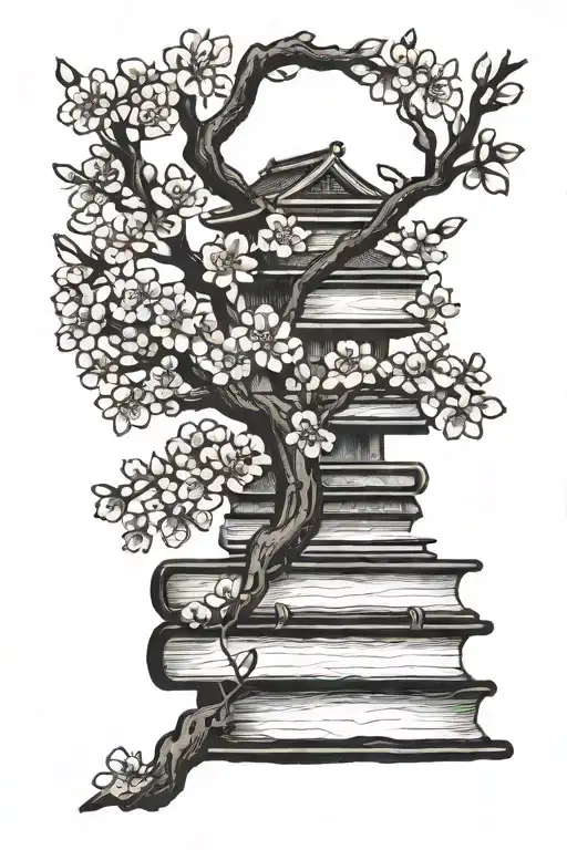 Japanese Cherry Blossom Tree And Stack Of Books