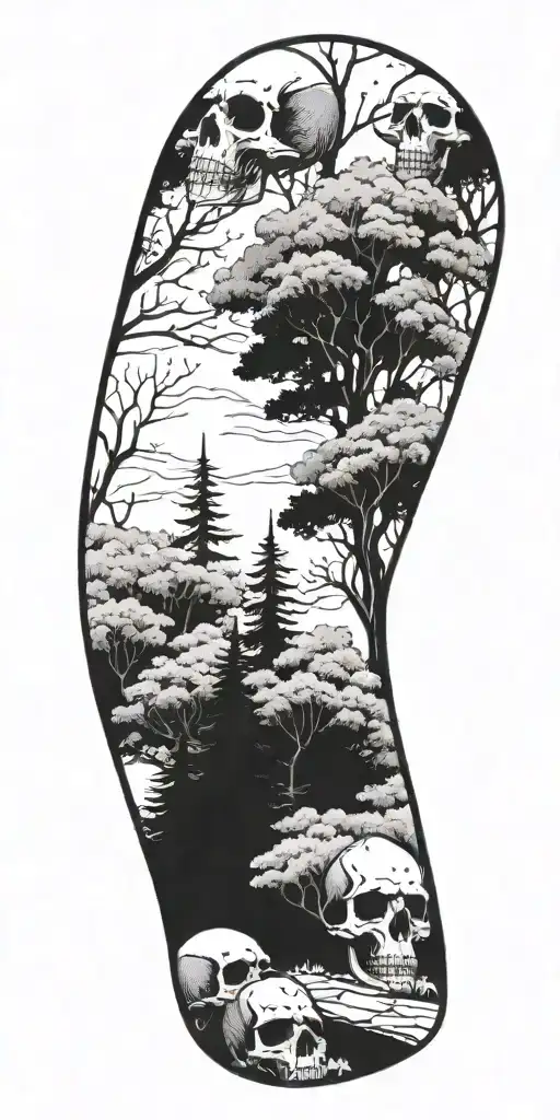 A Mysterious Forest Scene With Towering Trees And Hidden Skulls Scattered Throughout