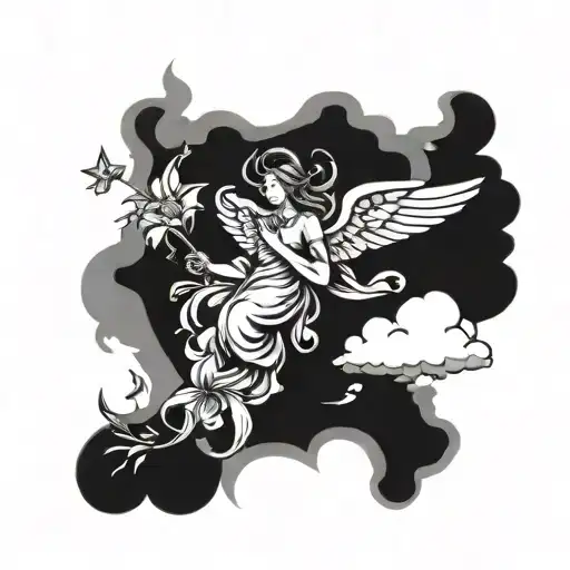 Lilly Flowers With Clouds And A Falling Angel