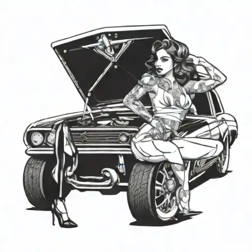 Combine A Sexy Pin-up Model With A Muscle Car In A Blackwork Tattoo Design
