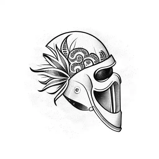 A Blackwork Tattoo Of A Football Helmet With Palm Trees And Waves Representing Florida