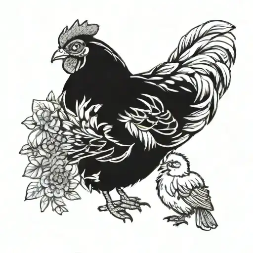 A Mother Hen With Her Two Chicks Nestled Under Her Wings