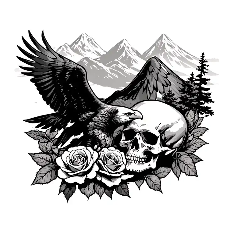 Skull & Roses With An Eagle Flying Over A Mountain