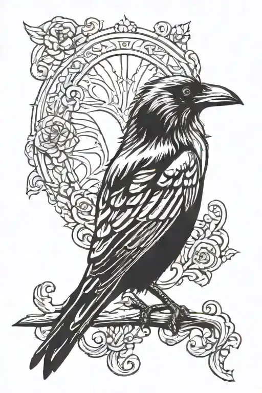 Black Raven Sitting Side Profile Traditional