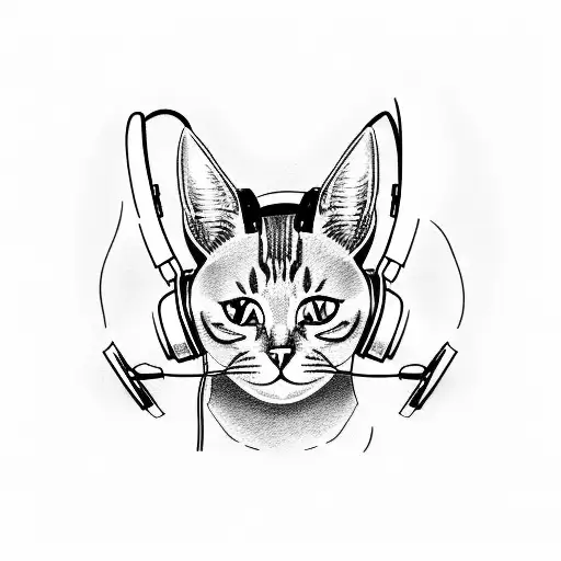 Create A Tattoo That Depicts A Cat Wearing Headphones And Djing