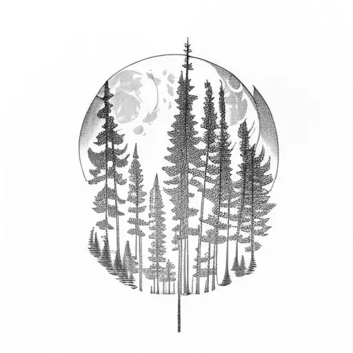 A Blackwork Tattoo Of A Forest Landscape With A Full Moon Shining Through The Trees