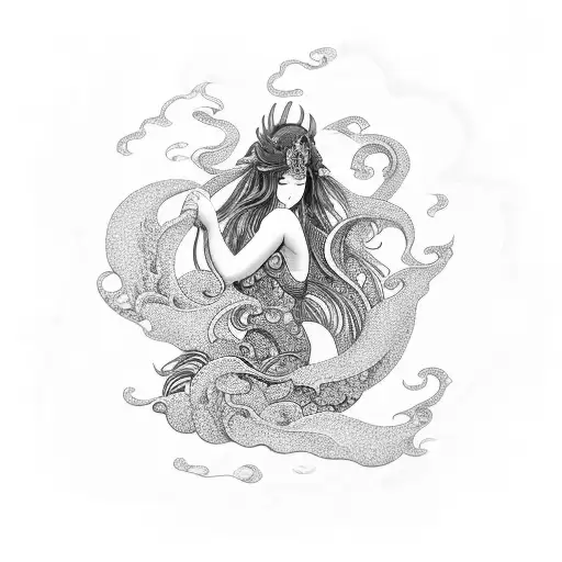 Japanese-inspired Sea Goddess Surrounded By Swirling Waves And Adorned With Gothic Jewelry