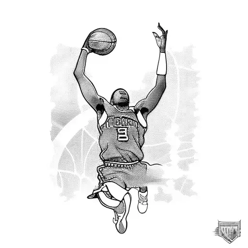 A Blackwork Tattoo Of A Basketball Player Dunking Over A Skyline Of Chicago