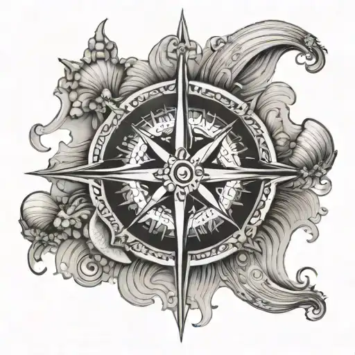 An Intricate Compass Rose With Waves And Seashells As Background
