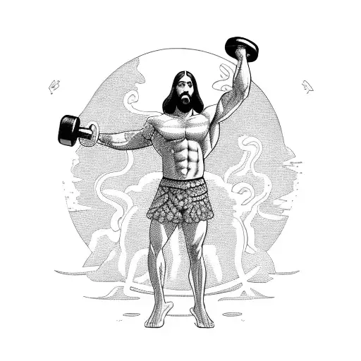 A Muscular Jesus Standing On The Water With A Gym Dumbbell In One Hand And A Sheep In The Other