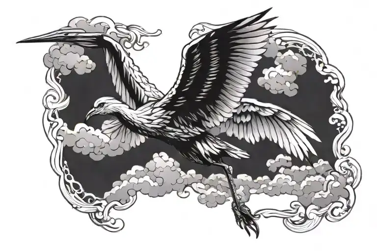 Crane Bird Full Opened Wings Flying Towards Clouds