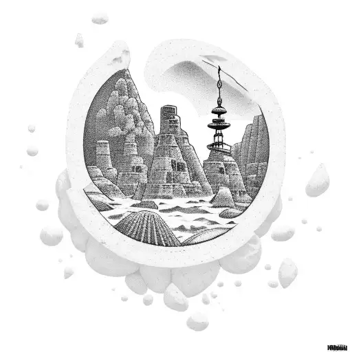 A Serene Beach Landscape With Ancient Ruins Hidden In The Background