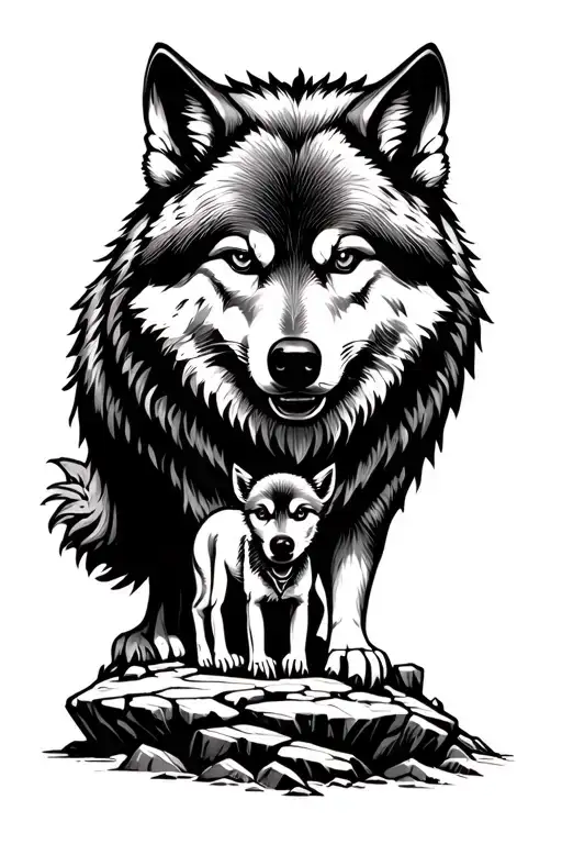 Wolf And Little Brother On A Rocks Forming The Shape