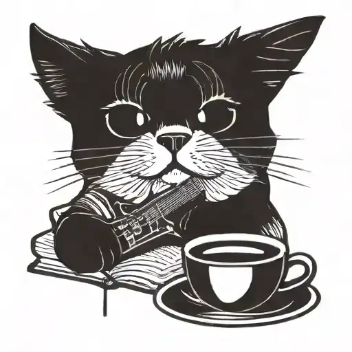 A Blackwork Tattoo Of A Cat Playing A Guitar Surrounded By Coffee Cups And Books
