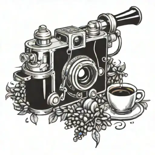 A Tattoo Of A Vintage Movie Camera Surrounded By Coffee Beans And Anime Characters