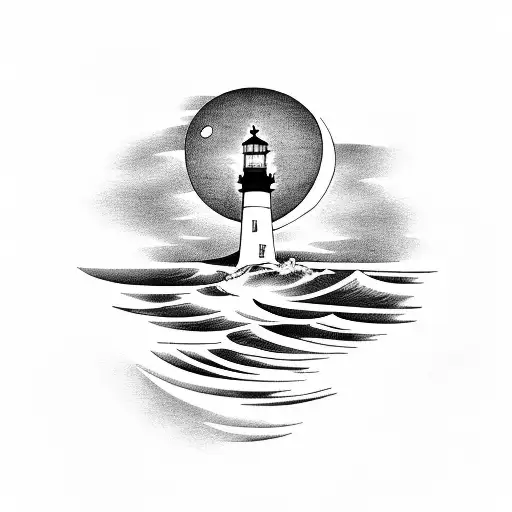 Light House With Moon And Waves Thick Lines