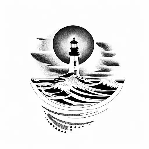 Light House With Moon And Waves Thick Lines
