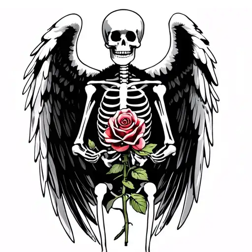 Skeleton With Open Angel Wings Offering A Rose