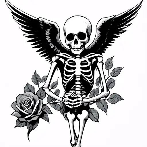 Skeleton With Open Angel Wings Offering A Rose