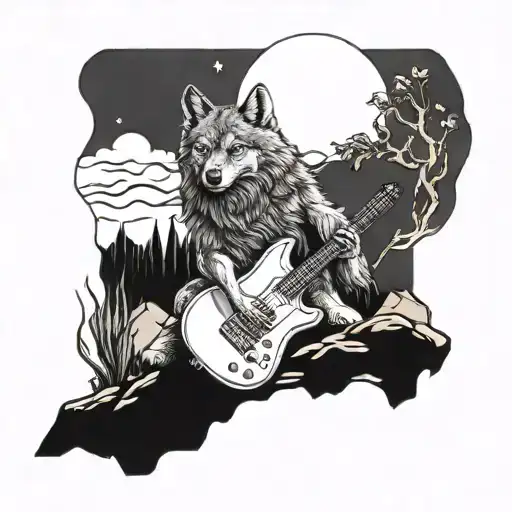 A Wolf Playing An Electric Guitar On A Cliff Face