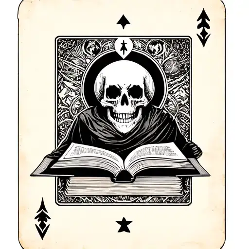 Skull In A Tarot Card That Is Reading A Book With Hunched Back