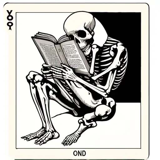 Skeleton In A Tarot Card That Is Reading A Book With Hunched Back