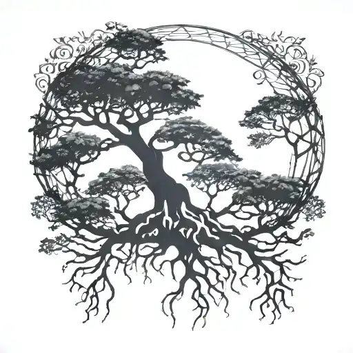 Banyan Tree Silhouette With Hidden Animal Shapes Within The Branches