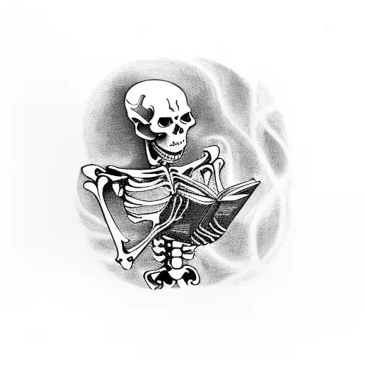A Mysterious Skeleton Reading A Book In A Blackwork Style