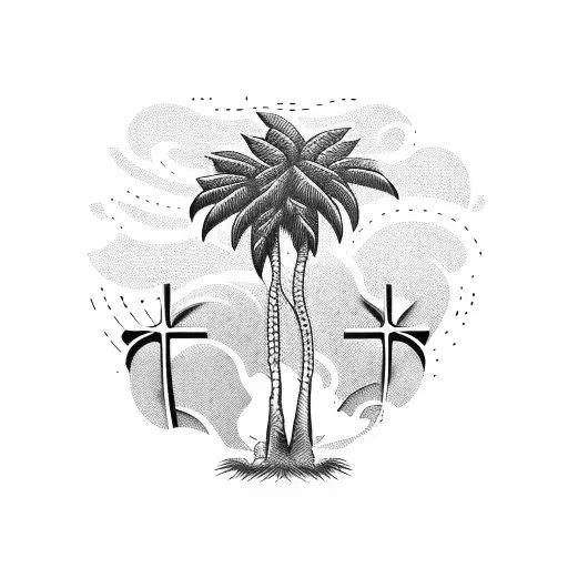 Palm Tree With Cross And Lion On The Background