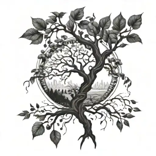 A Blackwork Tattoo Of A Tree Of Life With Roots Spreading Into Different Elements Of Nature