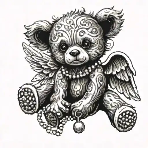 Teddy Bear With Rosary Cross And Angel Wings