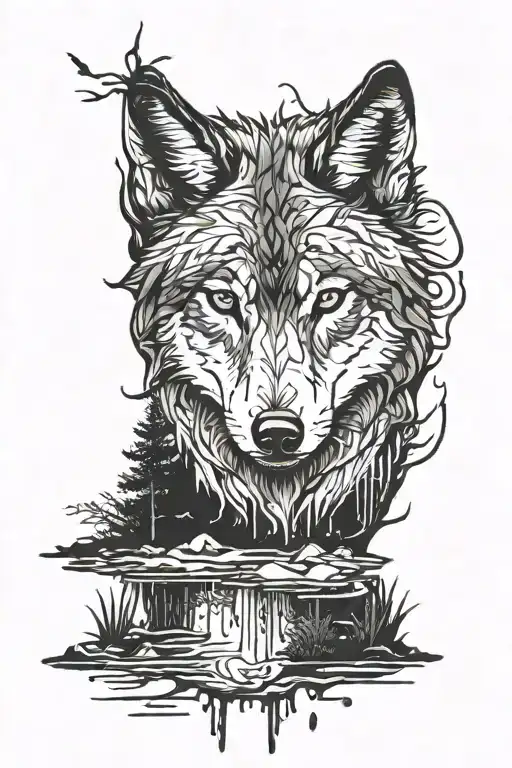 Wolf In A Forest Looking Into A Puddle