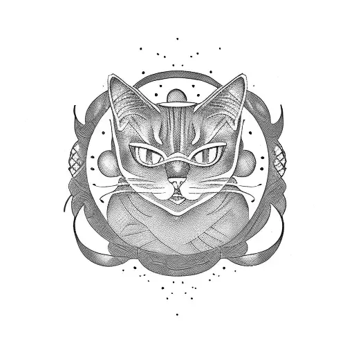 A Gothic-inspired Tattoo Featuring A Black Cat Sitting On Top Of A Japanese Statue