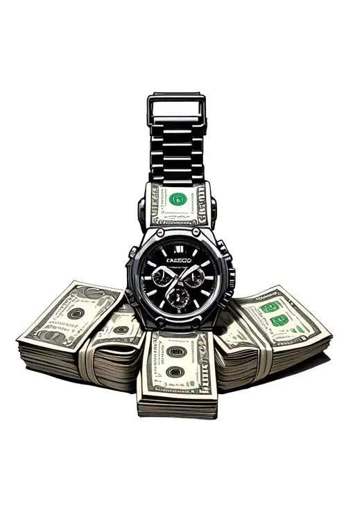 A Pack Of Five Thousandth Bills Folded In Half And Around Which Casio Watches Are Wrapped