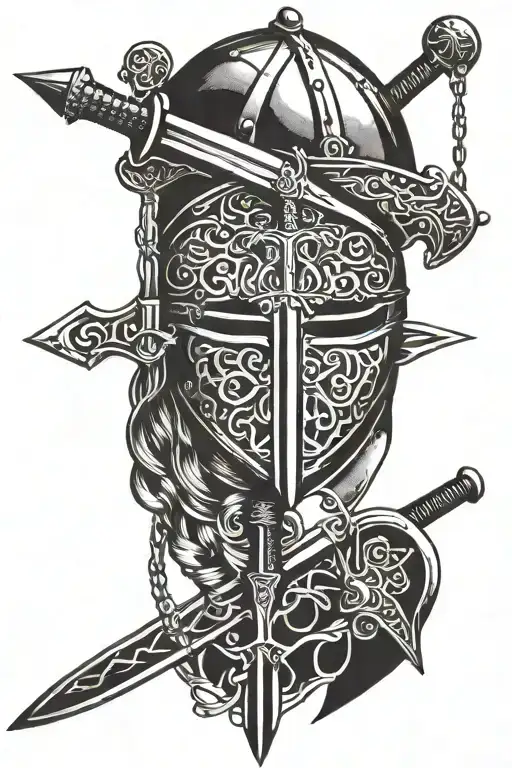 Medieval Sword And Moto Bike Helmet Hanging On It