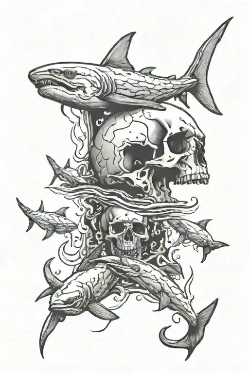 Back Of Skull With Water And Hammerhead Sharks Swimming