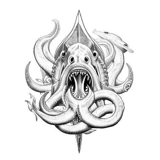 Poseidon Wielding His Powerful Trident As A Kraken And Shark Swim Around Him