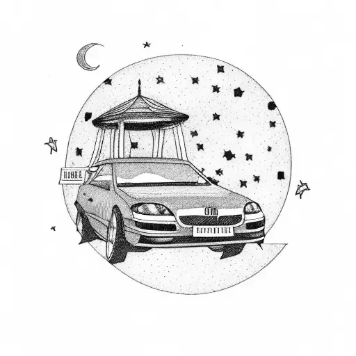 Car Driving Down Highway On Starry Night Towards Gazebo And Waterfall