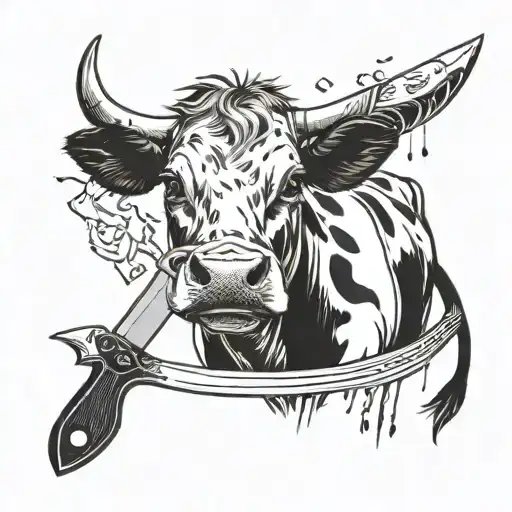 A Little And Cute Cow Whit A Knife In Her Mouth Whit A Bit Of Blood On It