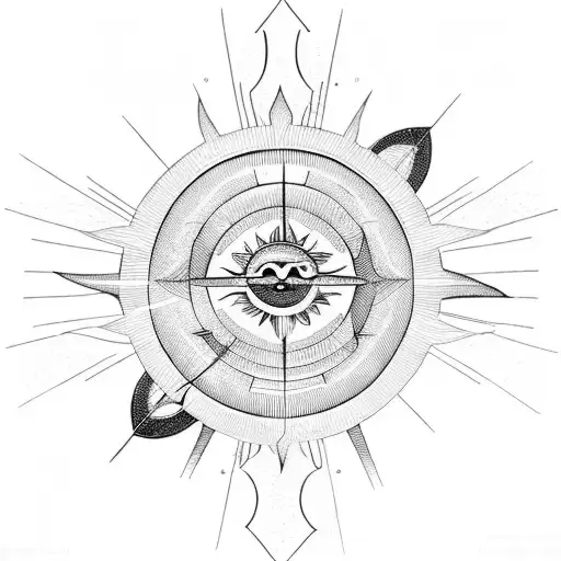 A Geometric Sun With An Arrow Weaving Through Its Rays