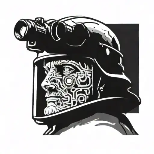 Tattoo Of A Bust Of David In A Military Helmet And A Night Vision Device On His Head