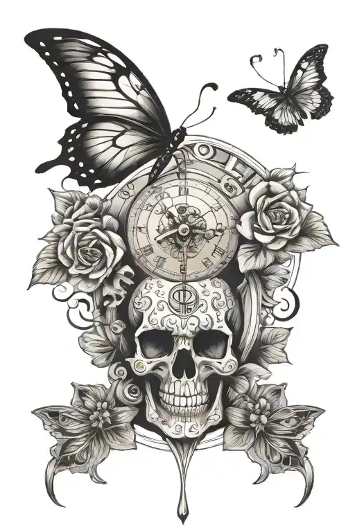 Skull Butterfly With Sand Clock