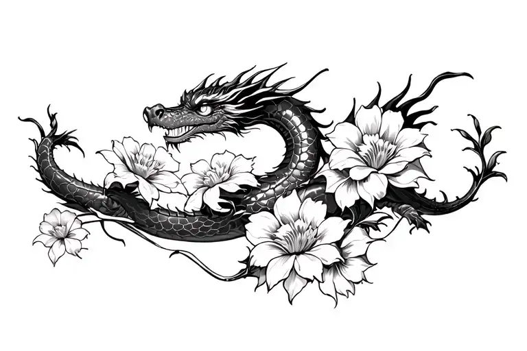 Dragon Wrapped By 4 Flowers Blooming