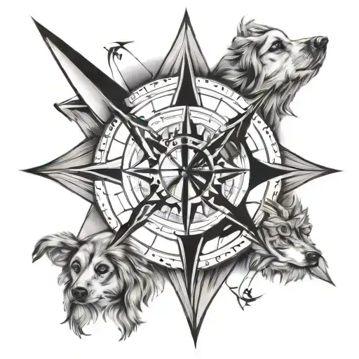A Compass Rose With Figure Skating Blades As The Directional Arrows And A Dog's Face In The Center