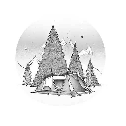 A Serene Camping Scene With A Cozy Tent Nestled Between Trees
